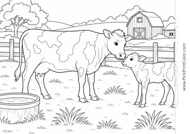 Cow and Calf in the Pasture printable coloring page