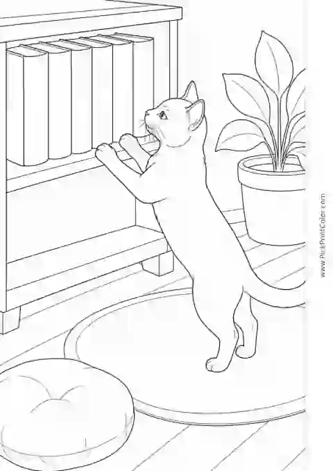 Curious Cat by the Bookshelf printable coloring page
