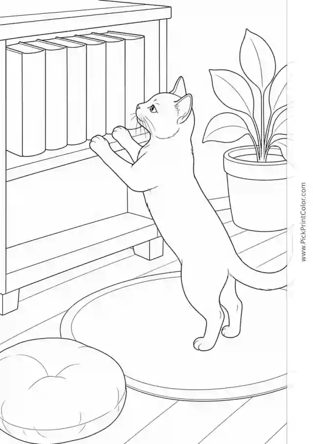 Curious Cat by the Bookshelf printable coloring page
