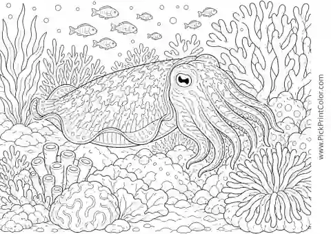 Cuttlefish Camouflaging near Coral printable black-and-white coloring page