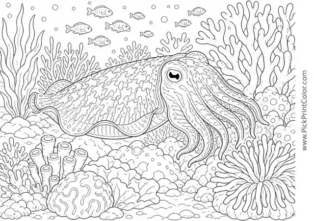 Cuttlefish Camouflaging near Coral printable black-and-white coloring page