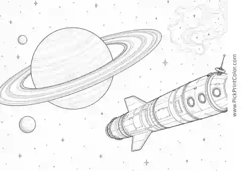 Deep-Space Research Rocket Passing Saturn black-and-white printable coloring page