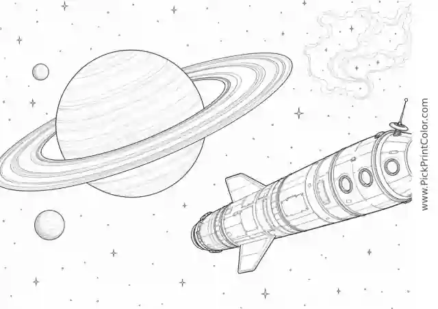 Deep-Space Research Rocket Passing Saturn black-and-white printable coloring page