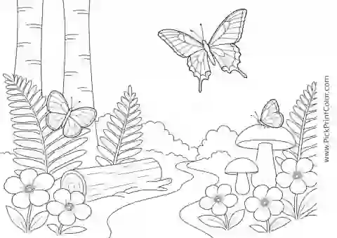 Detailed Butterflies in a Woodland Clearing printable coloring page