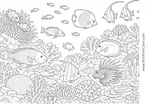 Detailed Coral Reef Fish Community printable black-and-white coloring page