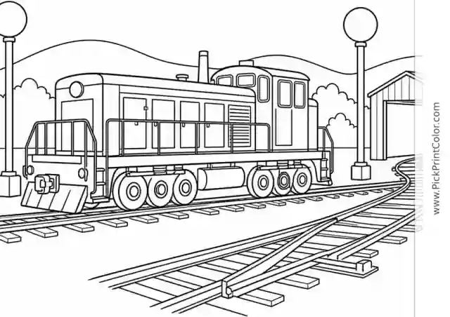 Diesel Train in a Quiet Rail Yard black-and-white printable coloring page