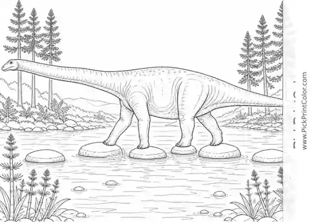 Diplodocus Crossing a Shallow River black-and-white dinosaur coloring page