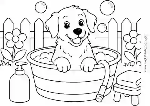 Dog Having a Bath in the Yard printable coloring page