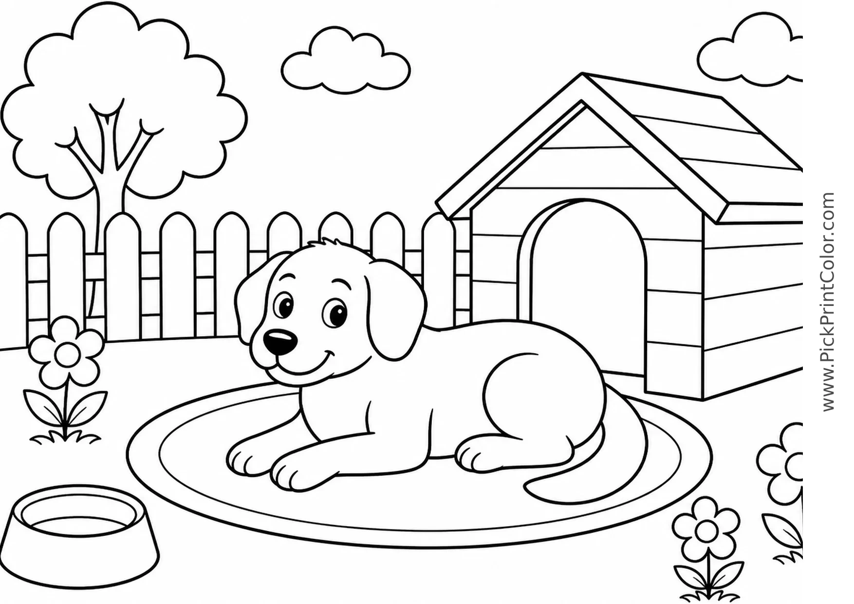 Dog Resting by Its Doghouse printable coloring page