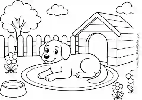 Dog Resting by Its Doghouse printable coloring page