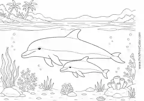 Dolphin Mother and Calf in a Quiet Lagoon printable black-and-white coloring page
