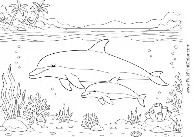 Dolphin Mother and Calf in a Quiet Lagoon printable black-and-white coloring page