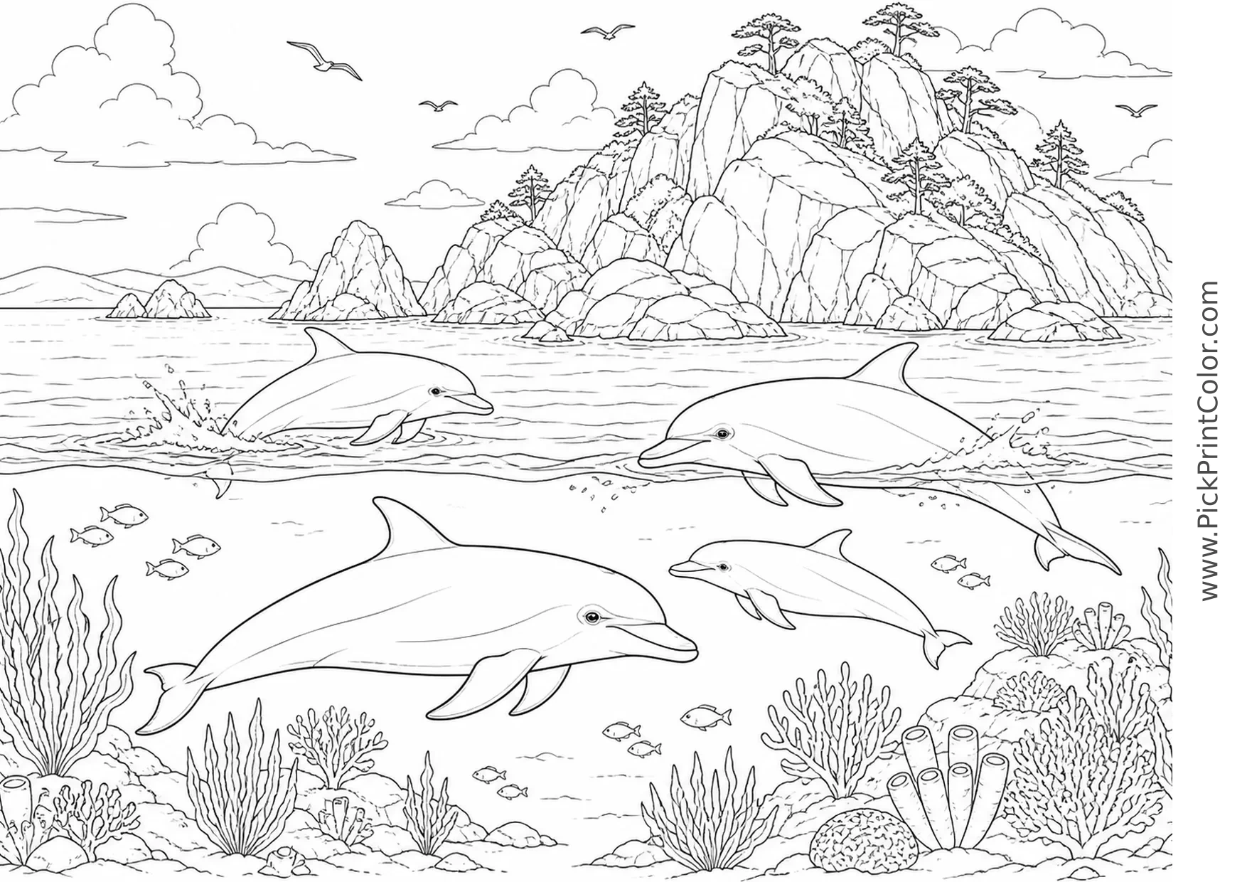 Dolphin Pod beside a Rocky Island printable black-and-white coloring page