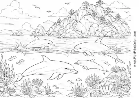 Dolphin Pod beside a Rocky Island printable black-and-white coloring page