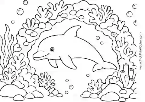Dolphin Swimming through a Coral Arch printable black-and-white coloring page