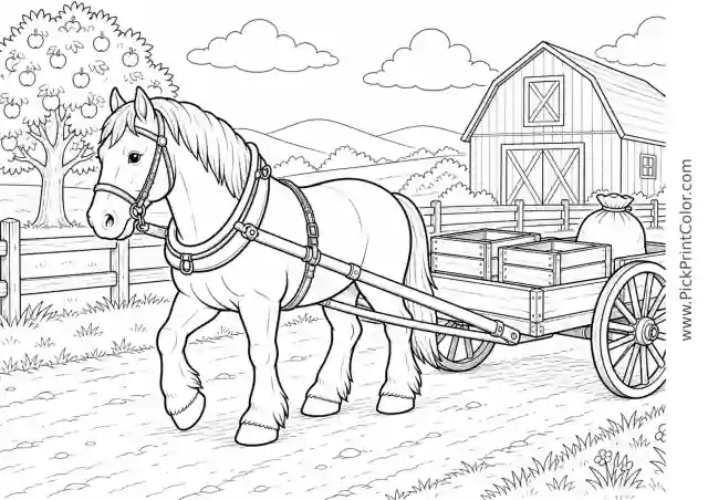 Draft Horse Pulling a Light Farm Cart printable coloring page