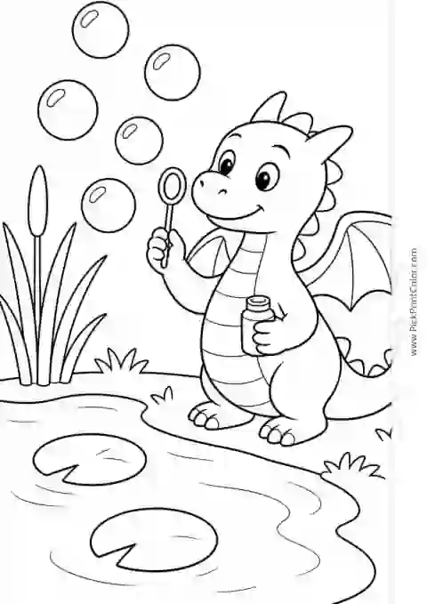 Dragon Blowing Bubbles by a Pond black-and-white coloring page