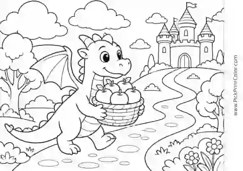 Dragon Carrying Apples to a Castle black-and-white coloring page