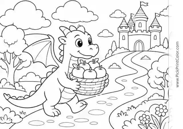 Dragon Carrying Apples to a Castle black-and-white coloring page