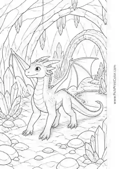 Dragon Exploring a Crystal Cave black-and-white coloring page