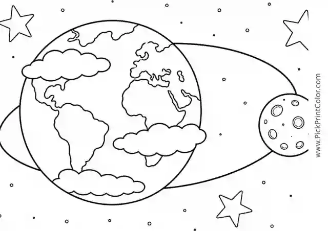 Earth and Moon in Orbit black-and-white printable coloring page