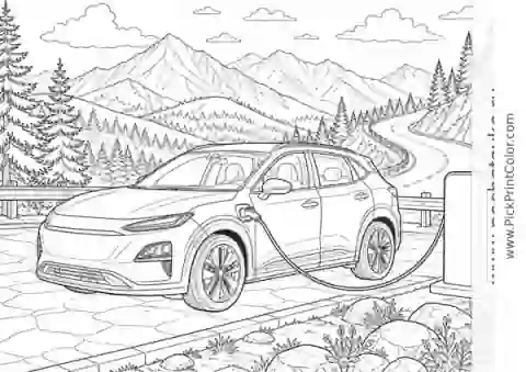 Electric Car at a Mountain Charging Stop black-and-white printable coloring page