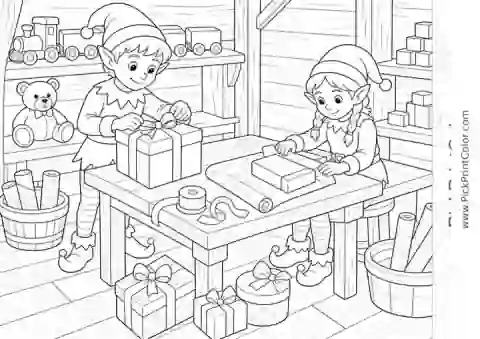 Elves Wrapping Presents in the Toy Workshop black-and-white printable coloring page
