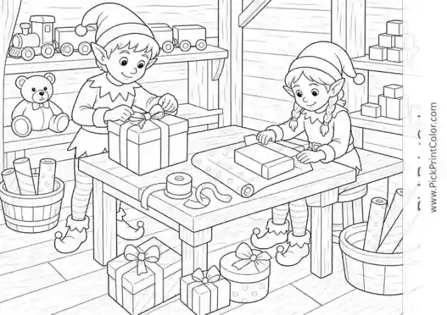 Elves Wrapping Presents in the Toy Workshop black-and-white printable coloring page