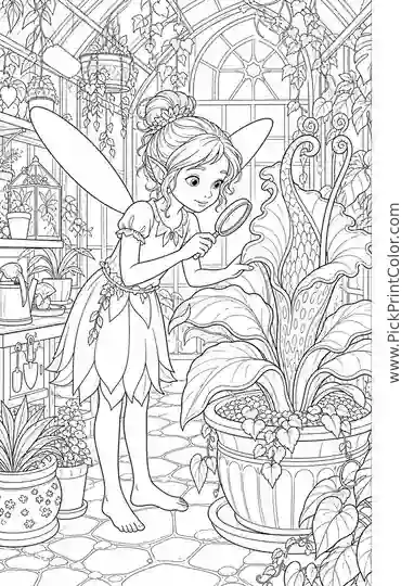 Fairy Botanist in an Enchanted Greenhouse black-and-white coloring page