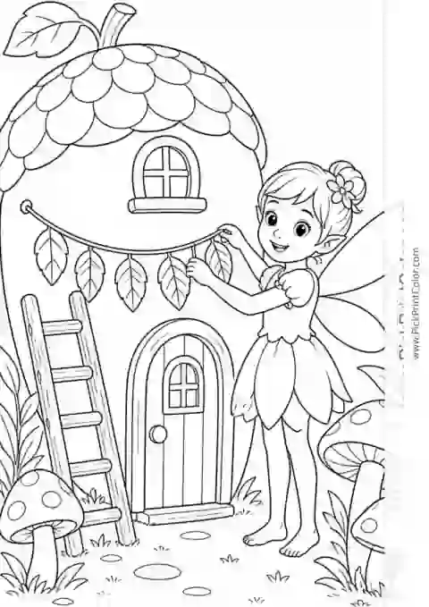 Fairy Decorating an Acorn Cottage black-and-white coloring page