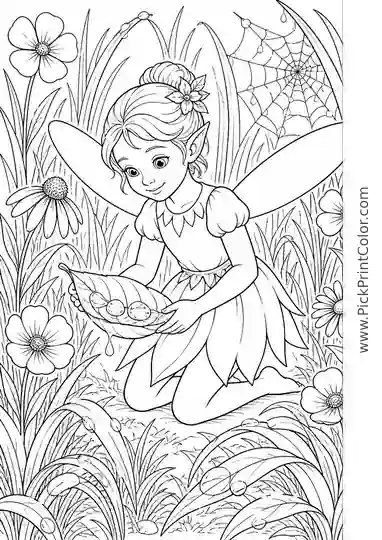 Fairy Gathering Dewdrops in a Forest Glade black-and-white coloring page