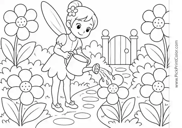 Fairy Watering a Flower Garden black-and-white coloring page