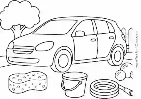 Family Car at an Outdoor Car Wash black-and-white printable coloring page