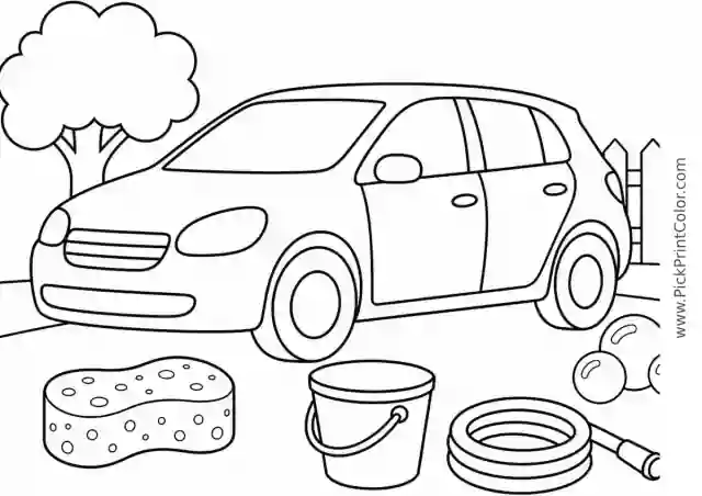 Family Car at an Outdoor Car Wash black-and-white printable coloring page