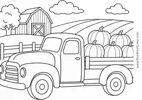 Farm Truck Carrying Pumpkins black-and-white printable coloring page
