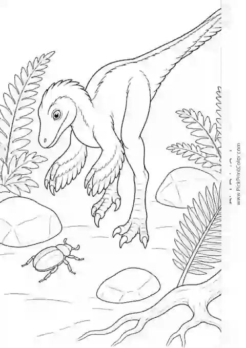Feathered Velociraptor Exploring the Ferns black-and-white dinosaur coloring page