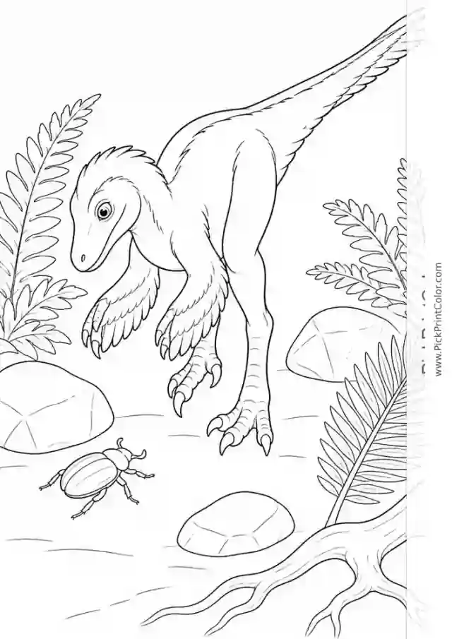 Feathered Velociraptor Exploring the Ferns black-and-white dinosaur coloring page