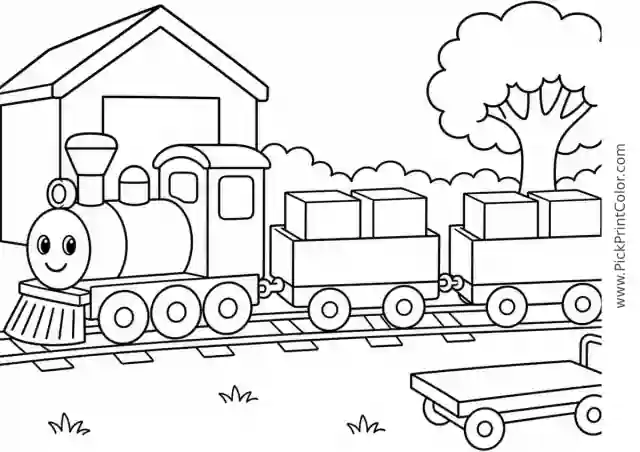 Freight Train Carrying Fruit Crates black-and-white printable coloring page