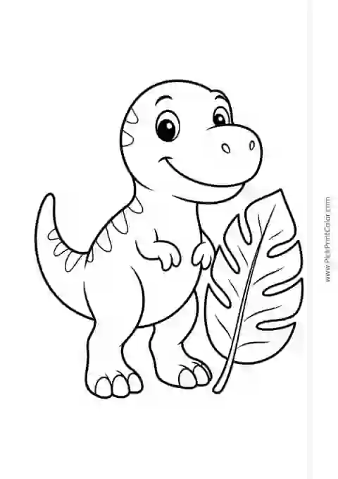 Friendly Baby T. Rex with a Big Leaf black-and-white dinosaur coloring page
