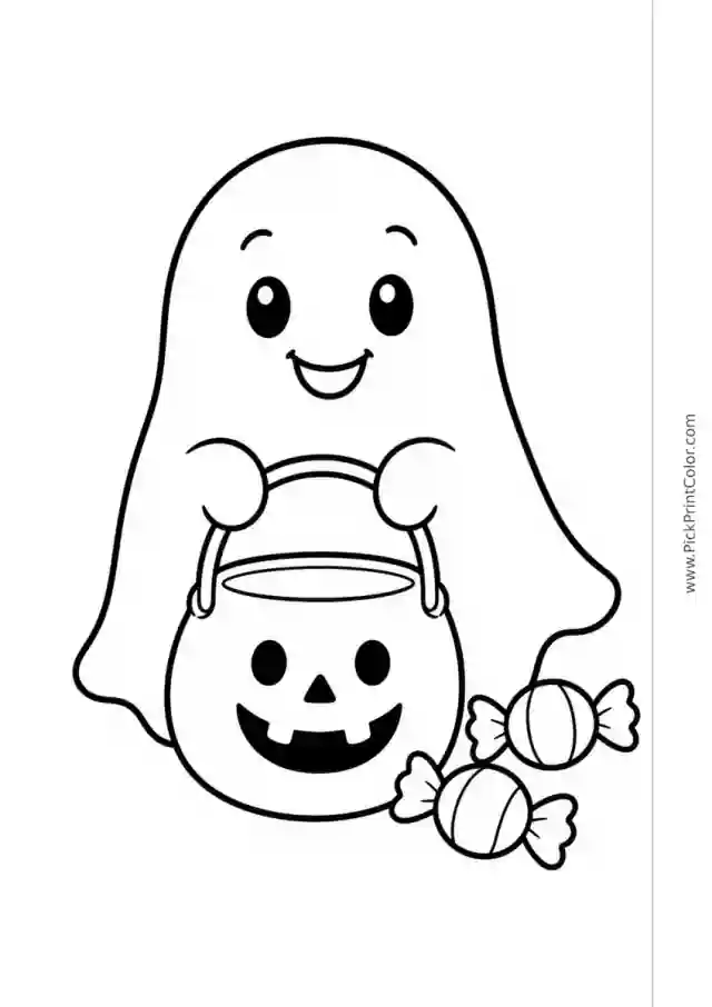 Friendly Ghost with a Candy Bucket black-and-white printable coloring page