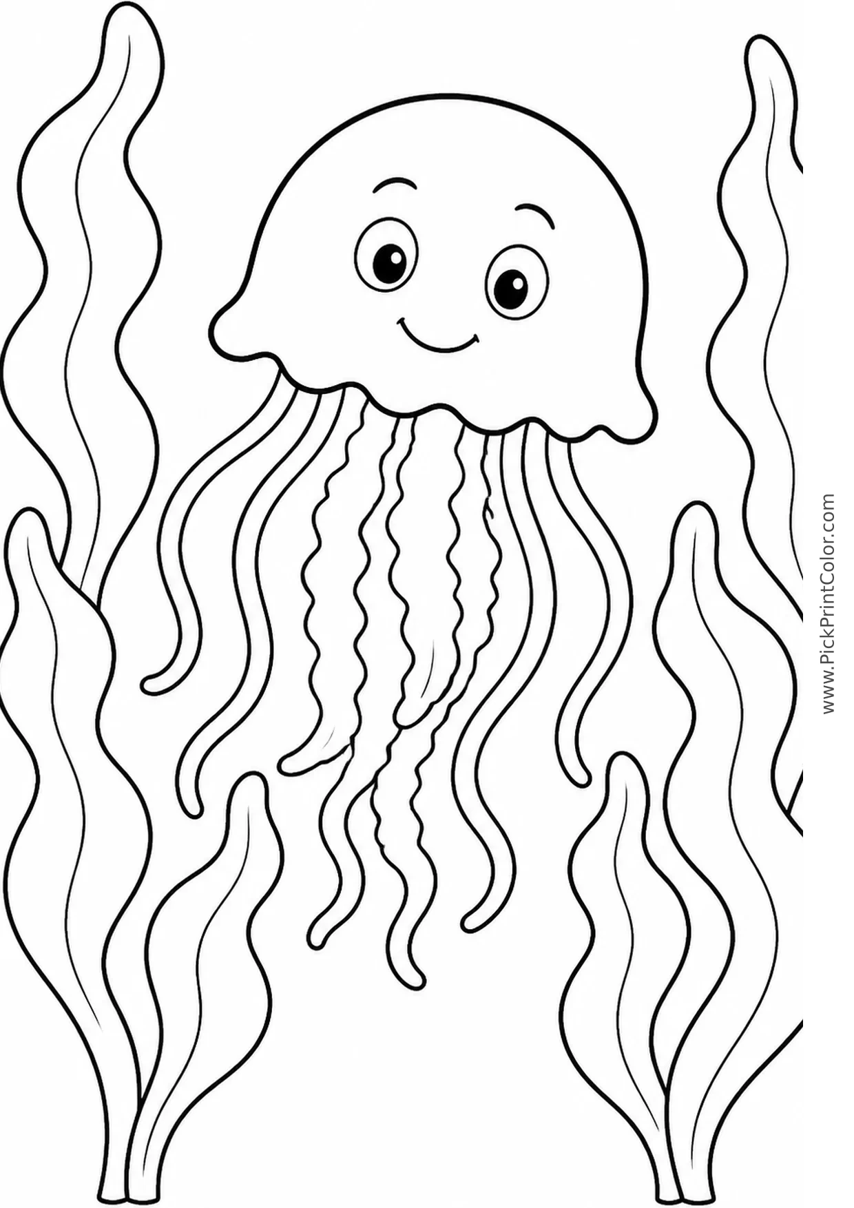 Friendly Jellyfish in a Seaweed Garden printable black-and-white coloring page