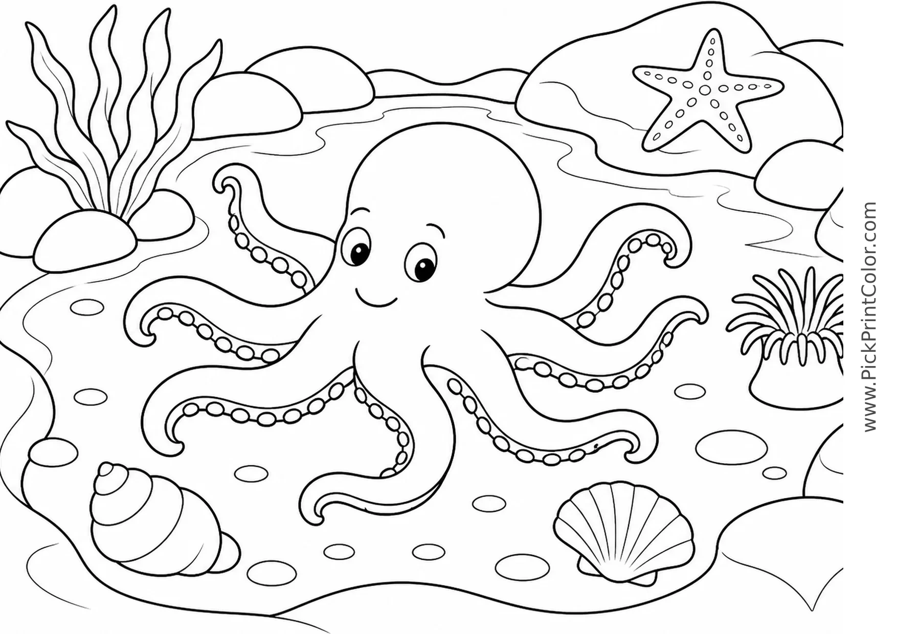 Friendly Octopus Exploring a Tide Pool printable black-and-white coloring page