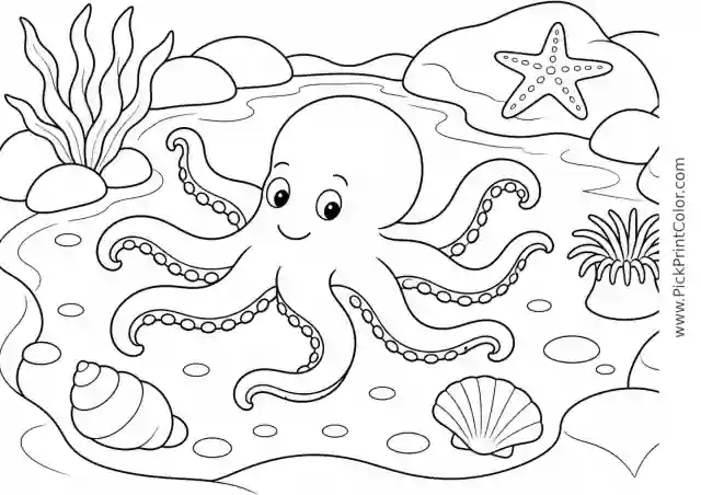 Friendly Octopus Exploring a Tide Pool printable black-and-white coloring page