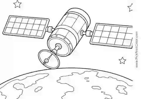 Friendly Satellite Above Earth black-and-white printable coloring page
