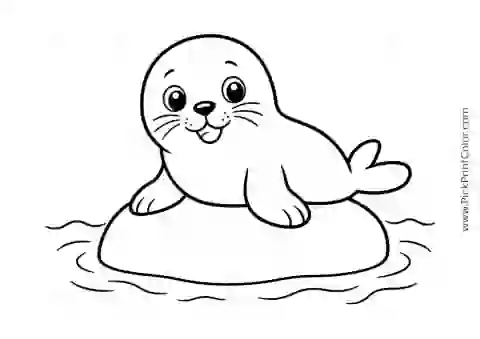 Friendly Seal Pup on a Smooth Rock printable black-and-white coloring page