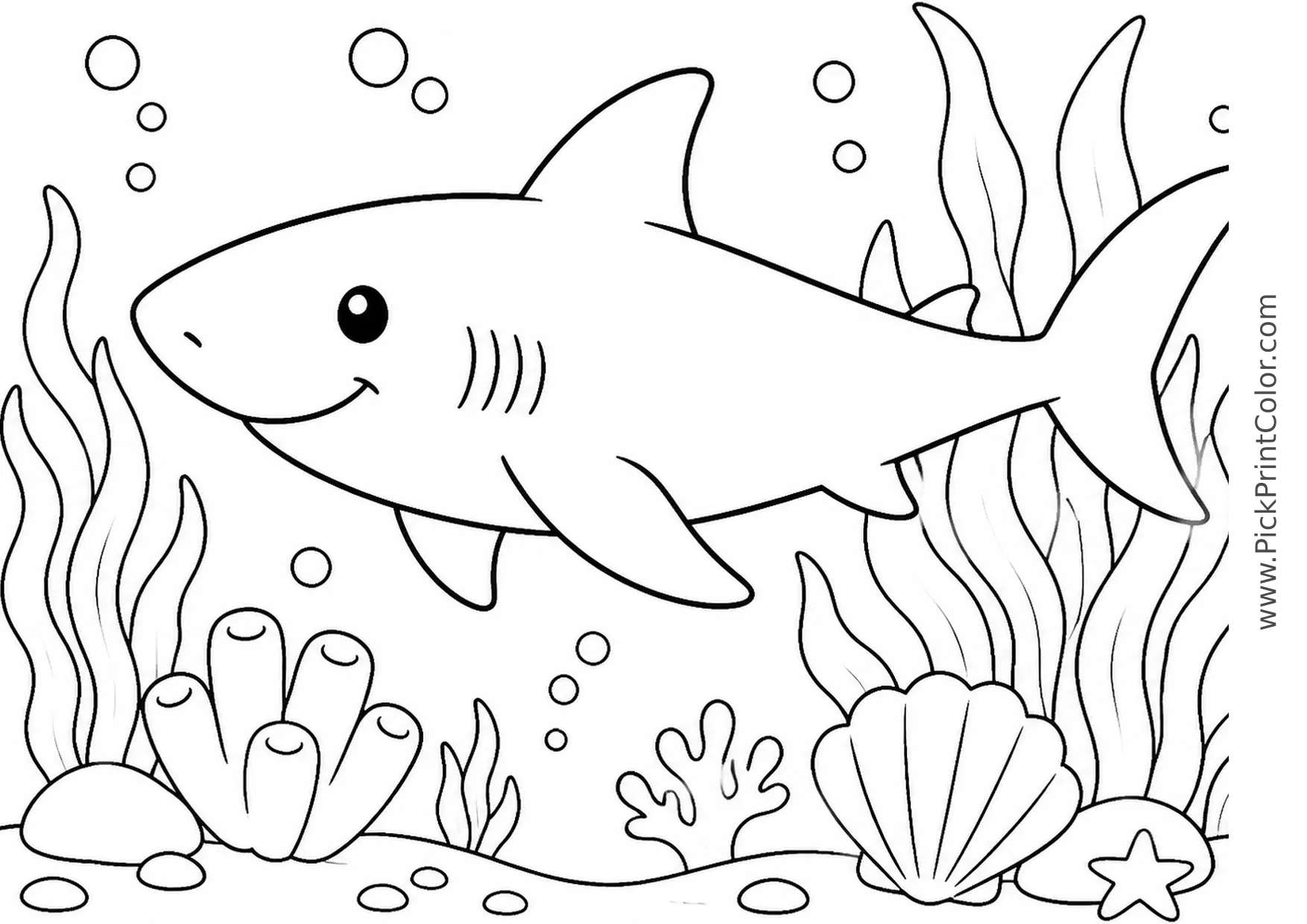 Friendly Shark Swimming past Seaweed printable black-and-white coloring page