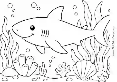 Friendly Shark Swimming past Seaweed printable black-and-white coloring page