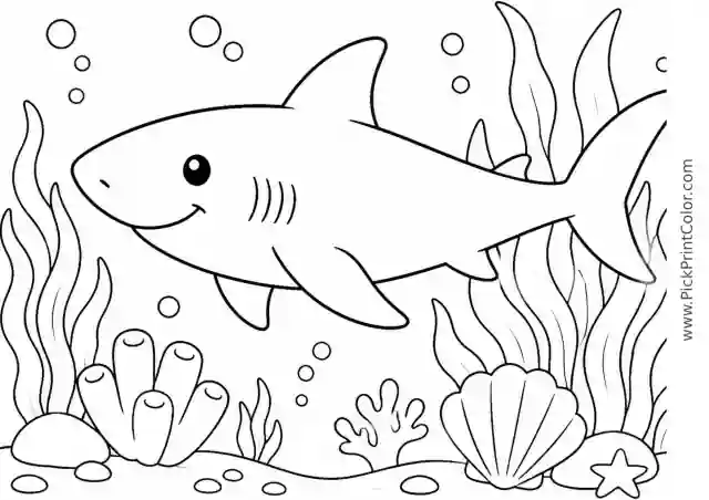 Friendly Shark Swimming past Seaweed printable black-and-white coloring page