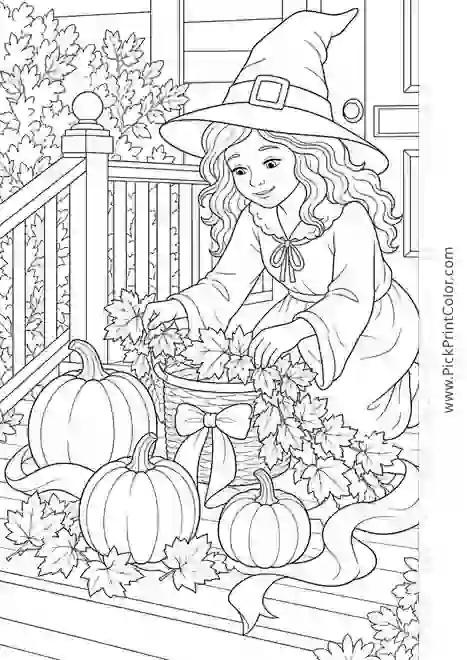 Friendly Witch Decorating a Halloween Porch black-and-white printable coloring page