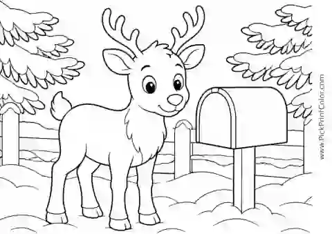 Gentle Reindeer Beside a Snowy Mailbox black-and-white printable coloring page